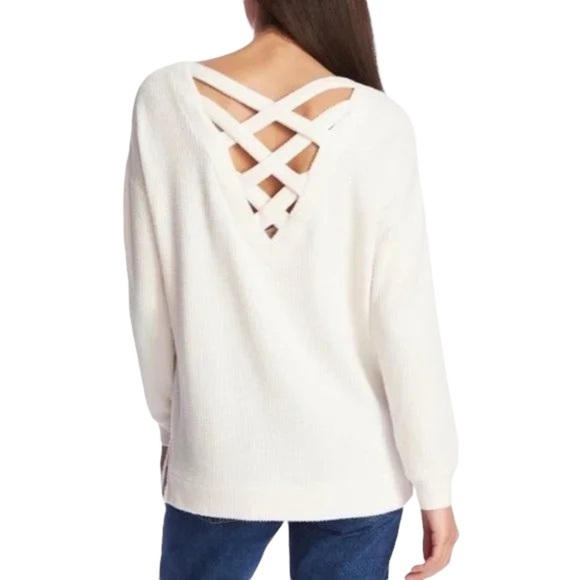 1. State Lattice V-Back Waffle Weave Sweater in Soft Ecru White Medium New - Picture 1 of 8